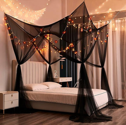 Mengersi Bed Canopy with Lights,Maple Leaf Pumpkin Canopy Bed Curtains Mosquito net,Halloween Theme Party Supplies Festival Decor,Black