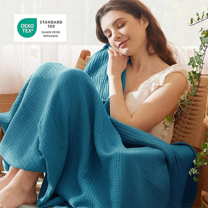 Bedsure 100% Cotton Muslin Throw Blanket Twin XL for Bed - 4-Layer Breathable and Lightweight Thin Soft Summer Gauze Muslin Blankets for Adults, Teal, 66x90 Inches