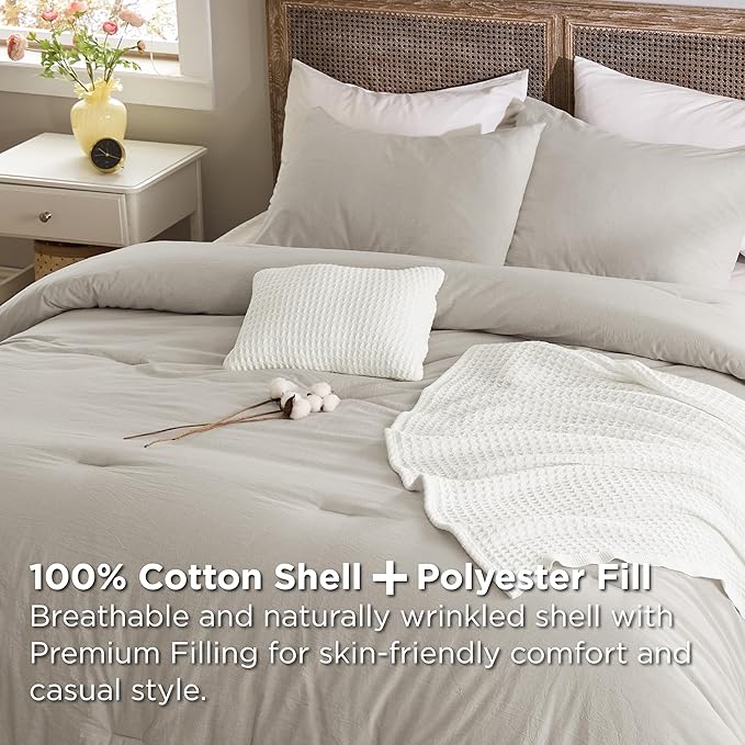 Bedsure 5 Pieces Cotton Comforter Set with Waffle Throw Blanket - Soft Breathable Bedding Set for All Seasons, Beige Queen Comforter, Pillow Shams, White 100% Cotton Blanket, Throw Pillow