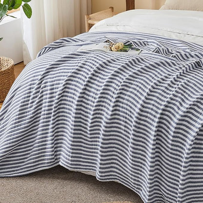 EMME Cotton Muslin Queen Blanket Bed Layering Bedspread Coverlet Breathable Gauze Soft Lightweight Adults (Striped Navy, 90"x90")
