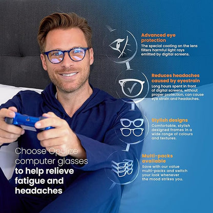 OPULIZE SEE Reading Glasses with Blue Light Blocking for Women and Men, Narrow Frame, Spring Hinges, Computer Gaming Glasses, Blue Black Arm +2.5 (Pack of 1)