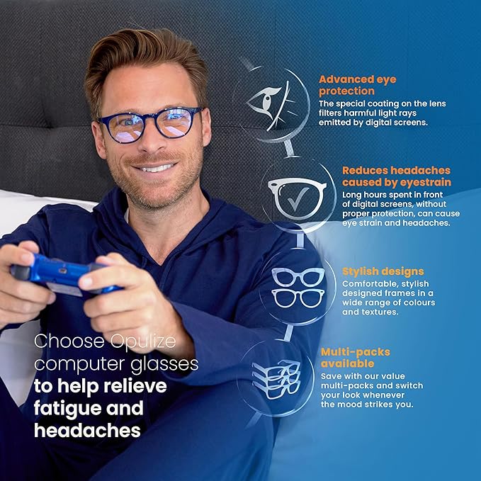 OPULIZE SEE Reading Glasses with Blue Light Blocking for Women and Men, Narrow Frame, Spring Hinges, Computer Gaming Glasses, Blue Black Arm +1 (Pack of 1)