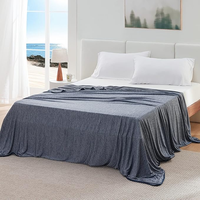 Bedsure Navy Blue Cooling Blanket Queen Size for Hot Sleepers - Summer Cold Blanket for Queen Size Bed with Rayon Derived from Bamboo, Ice Cool Cold Arc-Chill Thin Summer Bedding Essentials, 90x90