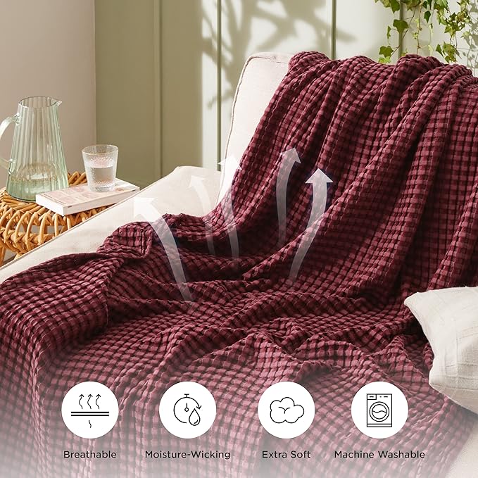 Bedsure Cooling Cotton Waffle King Size Blanket - Lightweight Breathable Blanket of Rayon Derived from Bamboo for Hot Sleepers, Luxury Throws for Bed, Couch and Sofa, Dark Red, 104x90 Inches