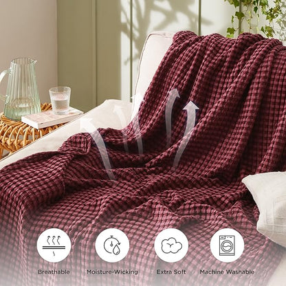 Bedsure Cooling Cotton Waffle King Size Blanket - Lightweight Breathable Blanket of Rayon Derived from Bamboo for Hot Sleepers, Luxury Throws for Bed, Couch and Sofa, Dark Red, 104x90 Inches