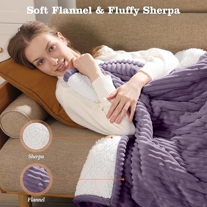 Electric Blanket Full Heating Blanket for Bed, Fluffy Sherpa Fleece Heated Blanket with Fast Heating and Overheat Protection, 5 Heating Levels & 10-Hour Auto-off, Cozy Warm Gifts for Winter (Purple)