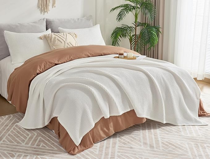 Chlophy Waffle Weave Throw Blanket Twin Cotton Bamboo Cooling Throw Cozy Lightweight Breathable Knit Decorative for Couch, Sofa, Bed, Living Room, White, 60"x80"