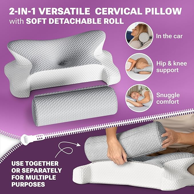 Cervical Neck Pillow for Sleeping, Dreamers Relief Pillow, Side Sleeper Pillow for Adults, Adjustable Height Memory Foam Pillow and Detachable Roll, Back & Stomach Sleeping Neck Pain Relief (Gray)