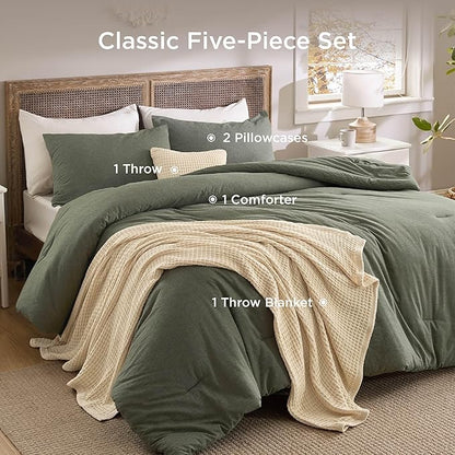 Bedsure 5 PCS Cotton Comforter Set with Waffle Throw Blanket - Breathable Bedding Set for All Seasons, Olive Green Comforter King Size, Pillow Shams, Beige 100% Cotton Blanket, Throw Pillow