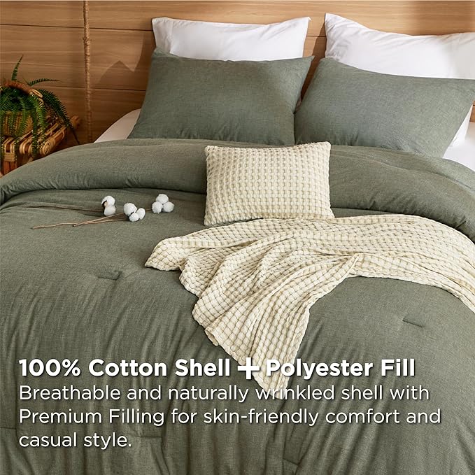 Bedsure 5 PCS Cotton Comforter Set with Cotton Waffle Throw Blanket - Olive Green Comforter King Size, Pillow Shams, Beige Cooling Blanket of Rayon Derived from Bamboo for Hot Sleepers, Throw Pillow
