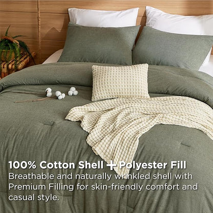 Bedsure 5 Pieces Cotton Comforter Set with Cotton Waffle Throw Blanket - Olive Green Queen Comforter, Pillow Shams, Beige Cooling Blanket of Rayon Derived from Bamboo for Hot Sleepers, Throw Pillow