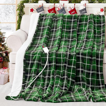 Green Christmas Electric Heated Blanket 50"x60", Fast Heated Throw with 8 Hours Auto Off/8 Heats Levels, Soft Plaid Sherpa with ETL Certification, Gift for Women Adults Keep Warm in Home Office