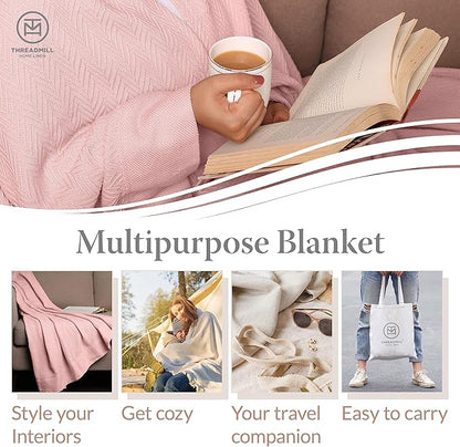 Threadmill Luxury Cotton Blankets for Queen Size Bed | All-Season 100% Cotton Queen Size Blanket | Herringbone Cozy, Soft Breathable Fall Thermal Blanket fits Full Size Bed | English Rose