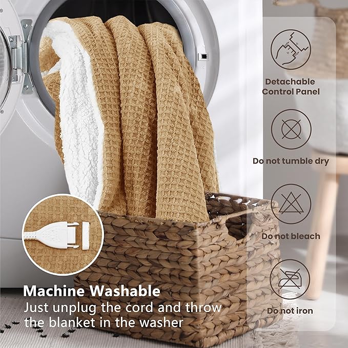 Heated Blanket Electric Blanket Full Waffle,72x84 Inches Sherpa Fleece Fast Heating Blanket 6 Heating Levels & 10 Hours Auto Off ETL Certification, Caramel Full