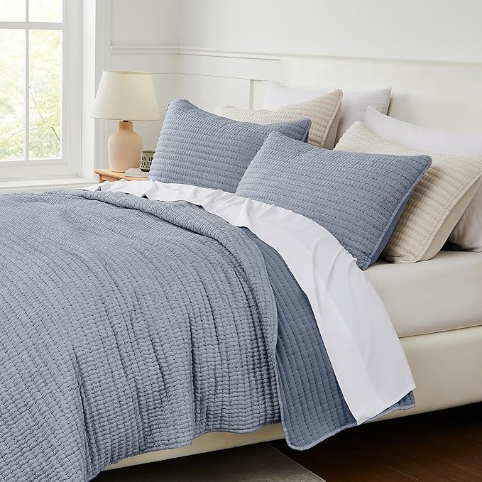 WDCOZY Chambray Pick Stitch Twin Size Quilt Set, Denim Blue Striped Lightweight Soft Summer Spring Bedspread, Bamboo Linen Like Textured Coverlet, Farmhouse Country Rustic Bedding, Thin Comforter