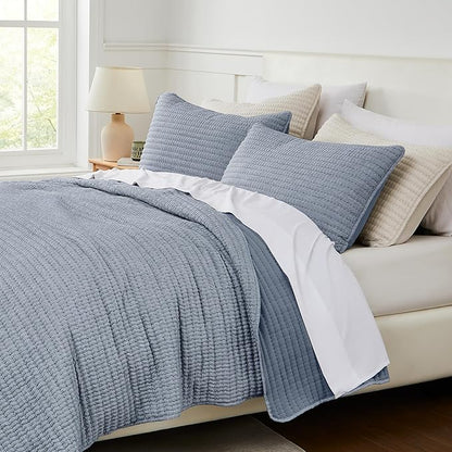 WDCOZY Chambray Pick Stitch King Size Quilt Set, Denim Blue Striped Lightweight Soft Summer Spring Bedspread, Bamboo Linen Like Textured Coverlet, Farmhouse Country Rustic Bedding, Thin Comforter