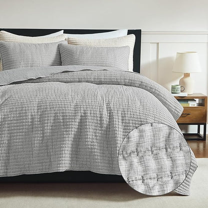 WDCOZY Grey Pick Stitch Queen Size Quilt Set, Striped Channel Lightweight Soft All Season Bedspread, Bamboo Linen Like Textured Coverlet, Farmhouse Country Rustic Bedding, Thin Comforter
