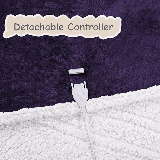 Electric Heated Blanket Queen Size 84"x90", Soft Flannel with Dual Controllers & Overheat Protection, 9 Adjustable Heat Settings & 10-Hour Auto-Off Timer, Fast Heating for Winter Comfort, Dark Purple