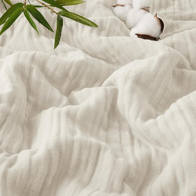 PHF Cooling Muslin Throw Blanket for Hot Sleepers, 60% Viscose from Bamboo, 40% Cotton and 4-Layer Breathable Gauze Blanket for Bed Couch, 50"x60", Oat Milk
