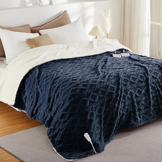 CAROMIO Electric Blanket Queen Size Dual Control - Thick Tufted Sherpa Heated Blanket Queen with 6 Heat Levels and 20 Time Settings, ETL Certified Fast Heating Blanket Queen Size 84"×90", Navy Blue