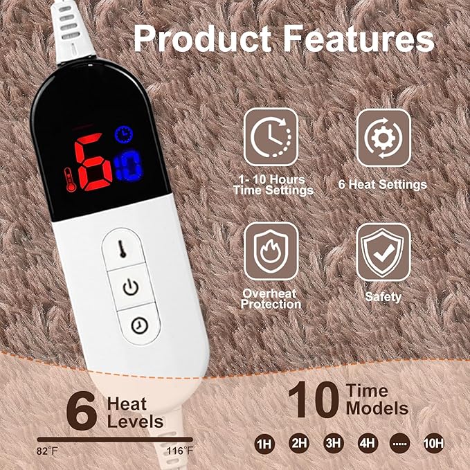 Electric Blanket - Heated Blanket with 6 Heating Levels, 10 Hour Auto Off, Ultra Soft, Overheat Protection, ETL Certified (Brown, 84"X90")