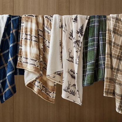 Woolrich Heated Throw Blanket with Ultra Soft Plush and Sherpa Reverse, 12 Heat Settings, Auto Shut-Off, Farmhouse & English Country Gift Throw – Deer Toile Pattern, 50"x60"