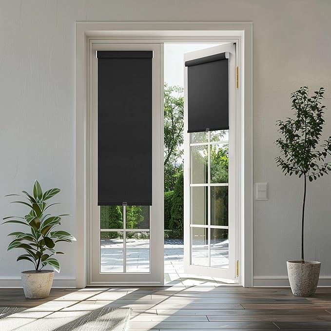BERISSA Cordless Blackout Roller Shades for Windows,Free-Stop Linen Fabric Windows Blinds with Cassette Valance,Thermal Insulated UV Protection Roller Blinds for Home Office. Black.35 W x 72" H