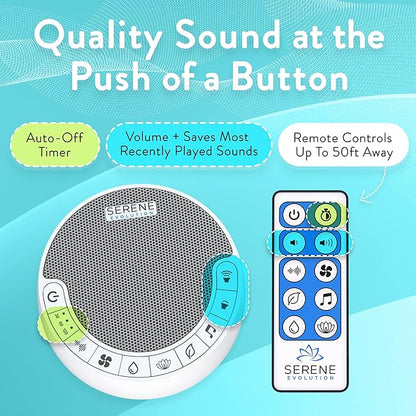 Serene Evolution White Noise Machine with 60 Soothing Sounds - Sound Machine for Adults and Baby - Noise Cancelling Sleep Music Device with Remote Control - Ideal for Office Privacy - Black