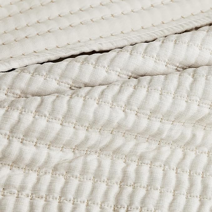 WDCOZY Beige Pick Stitch Twin Size Quilt Set, Striped Lightweight Soft Summer Spring Bedspread, Bamboo Linen Like Textured Coverlet, Chambray Farmhouse Country Rustic Bedding, Netural Thin Comforter