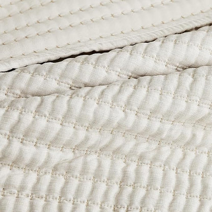 WDCOZY Beige Pick Stitch King Size Quilt Set, Striped Lightweight Soft Summer Spring Bedspread, Bamboo Linen Like Textured Coverlet, Chambray Farmhouse Country Rustic Bedding, Netural Thin Comforter