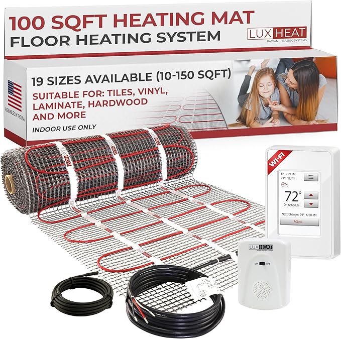 LuxHeat 100sqft Floor Heating Mat Kit - 120v Under Floor Heater Mat - Electric Radiant Heated Flooring System for Tile & Laminate - Includes UWG4 WiFi Programmable Thermostat w/GFCI, Alarm & Sensor