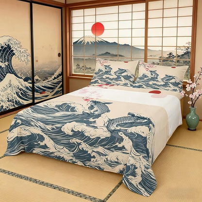 Manfei Waves Sheet Set Queen,Koi Cherry Blossom Sunrise Bed Sheet 4pcs with Deep Pocket Fitted Sheet + Flat Sheet + 2 Pillowcases Japanese Art Landscape Romantic Bedding Set for Kids Teens Room Decor