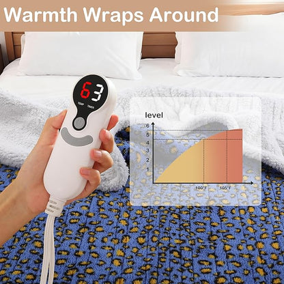 Electric Heated Blanket Full Size 72"×84" with 9 Heating Levels & 1-10Hs Auto Off, Plush Sherpa, Energy Efficient, Machine Washable, for Couch & Bed, Leopard Print Blue & Yellow