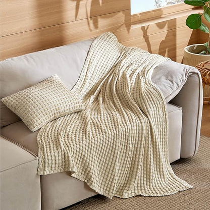 Bedsure 5 PCS Cotton Comforter Set with Cotton Waffle Throw Blanket - Olive Green Comforter Full Size, Pillow Shams, Beige Cooling Blanket of Rayon Derived from Bamboo for Hot Sleepers, Throw Pillow