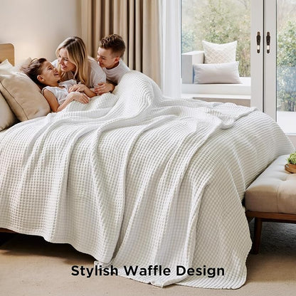 Bedsure Cooling Cotton Waffle Full Size Blanket - Lightweight Breathable Blanket of Rayon Derived from Bamboo for Hot Sleepers, Luxury Throws for Bed, Couch and Sofa, Ivory, 80x90 Inches