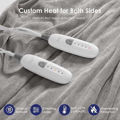 Heated Blanket Queen Size Electric Blanket 84''X90'' - Soft Plush Premium Flannel with Dual Controllers, 5 Heating Level & 10 Hour Auto Off, ETL & FCC Certified, Warm Gifts for Grandma, Grey