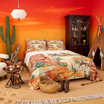 Manfei Western Cowboy Bed Sheets Twin Size,Cactus Desert Southwest Country Easy Wash Bedding Set,Boho Rustic Farmhouse Kids Room Decor,Orange Green Sheet(Fitted+Flat+1 Pillowcase)