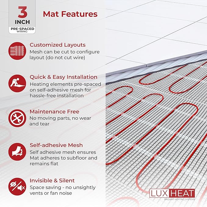 LuxHeat 150sqft Floor Heating Mat Kit - 120v Underfloor Heating System - Electric Radiant Heated Flooring System for Tile & Laminate - Includes UWG4 WiFi Programmable Thermostat w/GFCI, Alarm & Sensor
