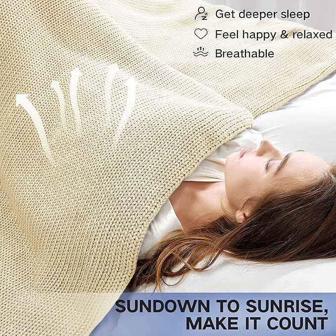 Guohaoi Knitted Weighted Blanket for Adults (Cream 50"x75" 20lbs) No Beads Cooling Throw Blanket for Hot Sleepers, Home Decor Breathable Chunky Knit Heavy Blanket Use on Full Size Bed