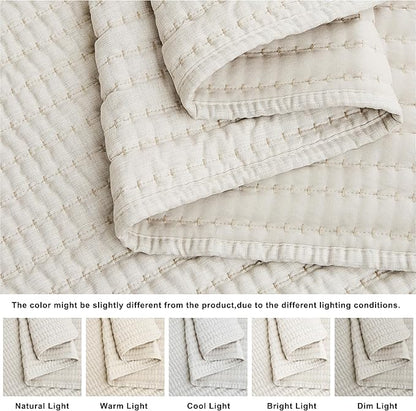 WDCOZY Beige Pick Stitch Twin Size Quilt Set, Striped Lightweight Soft Summer Spring Bedspread, Bamboo Linen Like Textured Coverlet, Chambray Farmhouse Country Rustic Bedding, Netural Thin Comforter