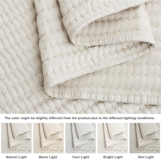 WDCOZY Beige Pick Stitch Queen Size Quilt Set, Striped Lightweight Soft Summer Spring Bedspread, Bamboo Linen Like Textured Coverlet, Chambray Farmhouse Country Rustic Bedding, Netural Thin Comforter