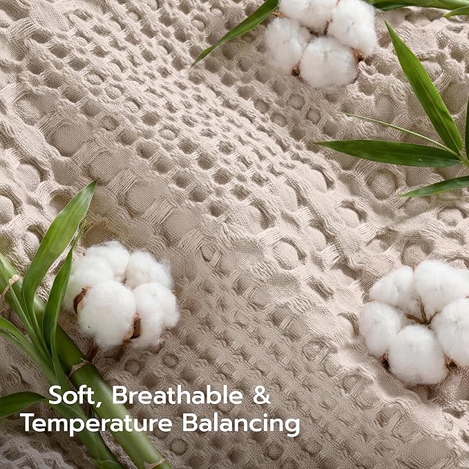 Joiedomi Cooling Waffle Blanket - Turkish Cotton Queen Size Soft Beige Blanket, Summer Breathable of Rayon Derived from Bamboo for Hot Sleepers, Luxuries Throw for Bed, Couch and Sofa, 90x90 Inches