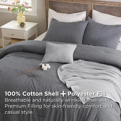 Bedsure 5 PCS Cotton Comforter Set with Waffle Throw Blanket - Soft Breathable Bedding Set for All Seasons, Dark Grey Comforter Full Size, Pillow Shams, Grey 100% Cotton Blanket, Throw Pillow