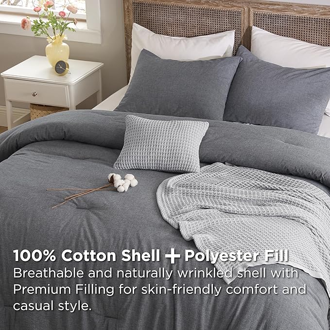 Bedsure 5 PCS Cotton Comforter Set with Waffle Throw Blanket - Soft Breathable Bedding Set for All Seasons, Dark Grey Comforter King Size, Pillow Shams, Grey 100% Cotton Blanket, Throw Pillow