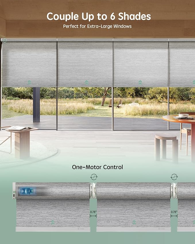 Yoolax Smart Coupled Roller Shades Compatible with Alexa Google, Motorized Blinds with Remote Light Filtering Coupled Roller Shades for X-Large Windows, Custom Size(XL Coupled-Foggy Gray)