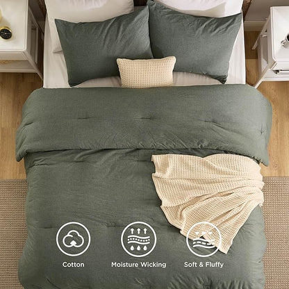 Bedsure 5 PCS Cotton Comforter Set with Waffle Throw Blanket - Breathable Bedding Set for All Seasons, Olive Green Comforter King Size, Pillow Shams, Beige 100% Cotton Blanket, Throw Pillow