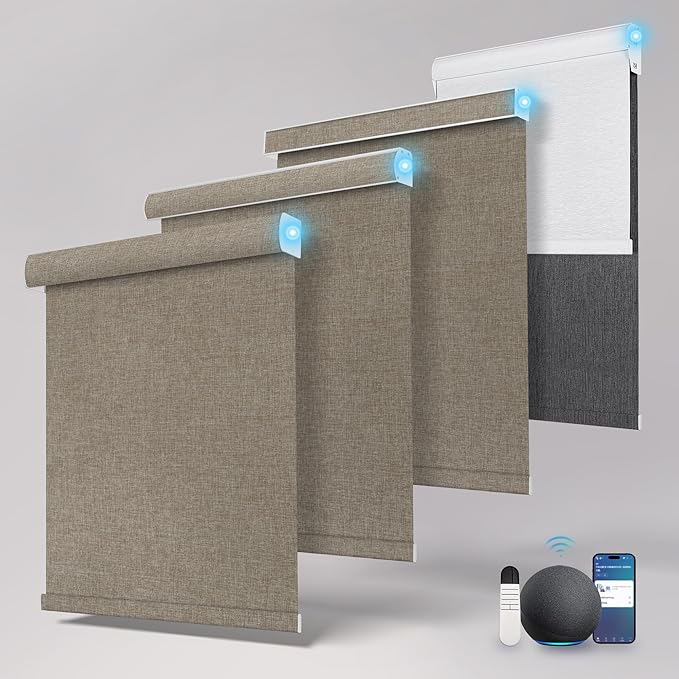 Motorized Blinds with Remote,Light Filtering Smart Roller Shades with App,Voice Control,Thermal Insulated Automatic Blinds,Electric Shades with USB/Solar Pannel.Filter Linen Pink