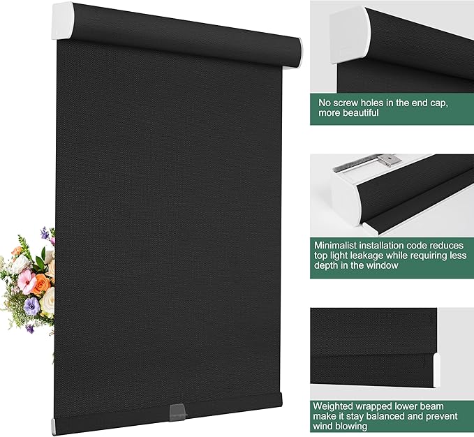 BERISSA Cordless Blackout Roller Shades for Windows,Linen Fabric Roller Blinds with Cassette Valance,Thermal Insulated UV Protection Windows Blinds for Home Office. Black.74 W x 48" H