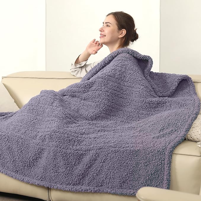 Electric Heated Blanket Throw 50"x 60", 5 Warmth Settings, Auto Shut Off, Double-Sided Soft Sherpa, Ideal Gift, Gray Violet