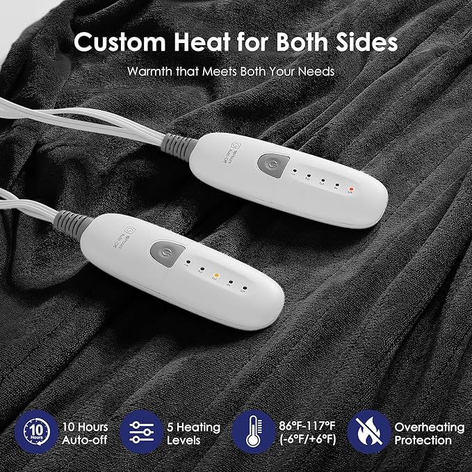 Electric Blanket Queen Heated Blanket Queen Size 84''X90'' - Soft Plush Flannel with Dual Controllers, 5 Heating Level & 10 Hour Auto Off, ETL Certified, Warm Gifts for Grandma(Charcoal Grey)